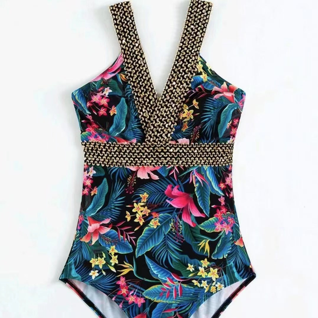 Women Elegant Swimsuit with Deep V-Neck and Floral Design Ivyshape