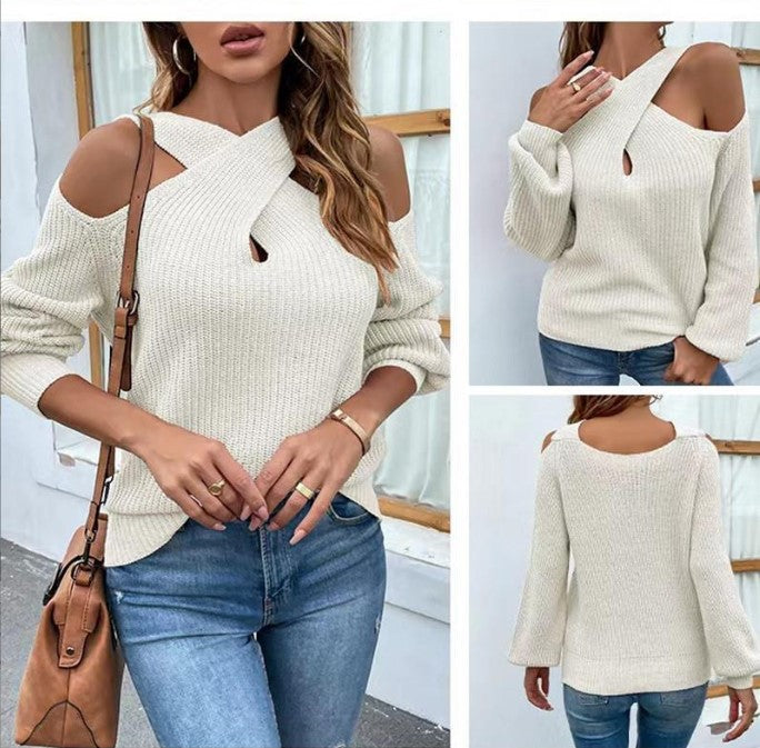 IvyShape | Chic Off-Shoulder Cross Halter Lantern Sleeve Sweater