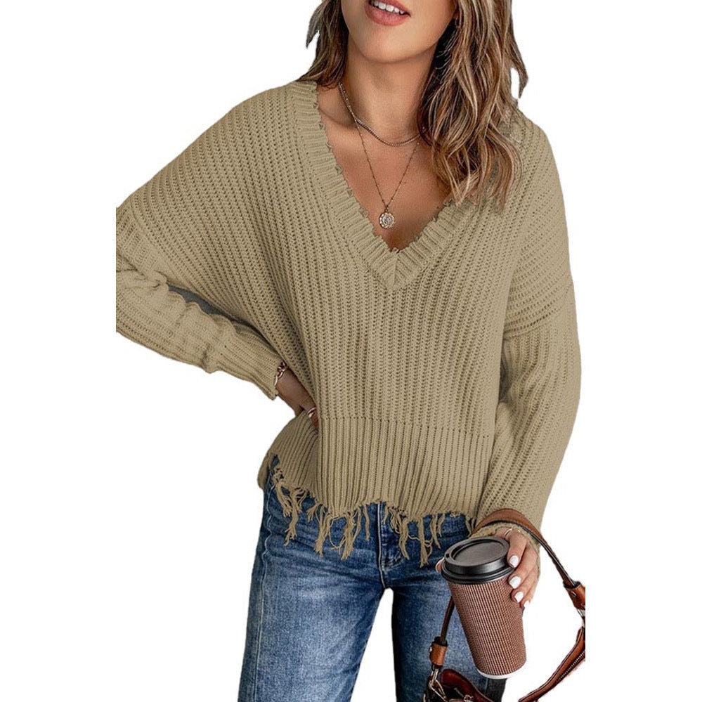 Women's V-neck knitted sweater with fringes Ivyshape