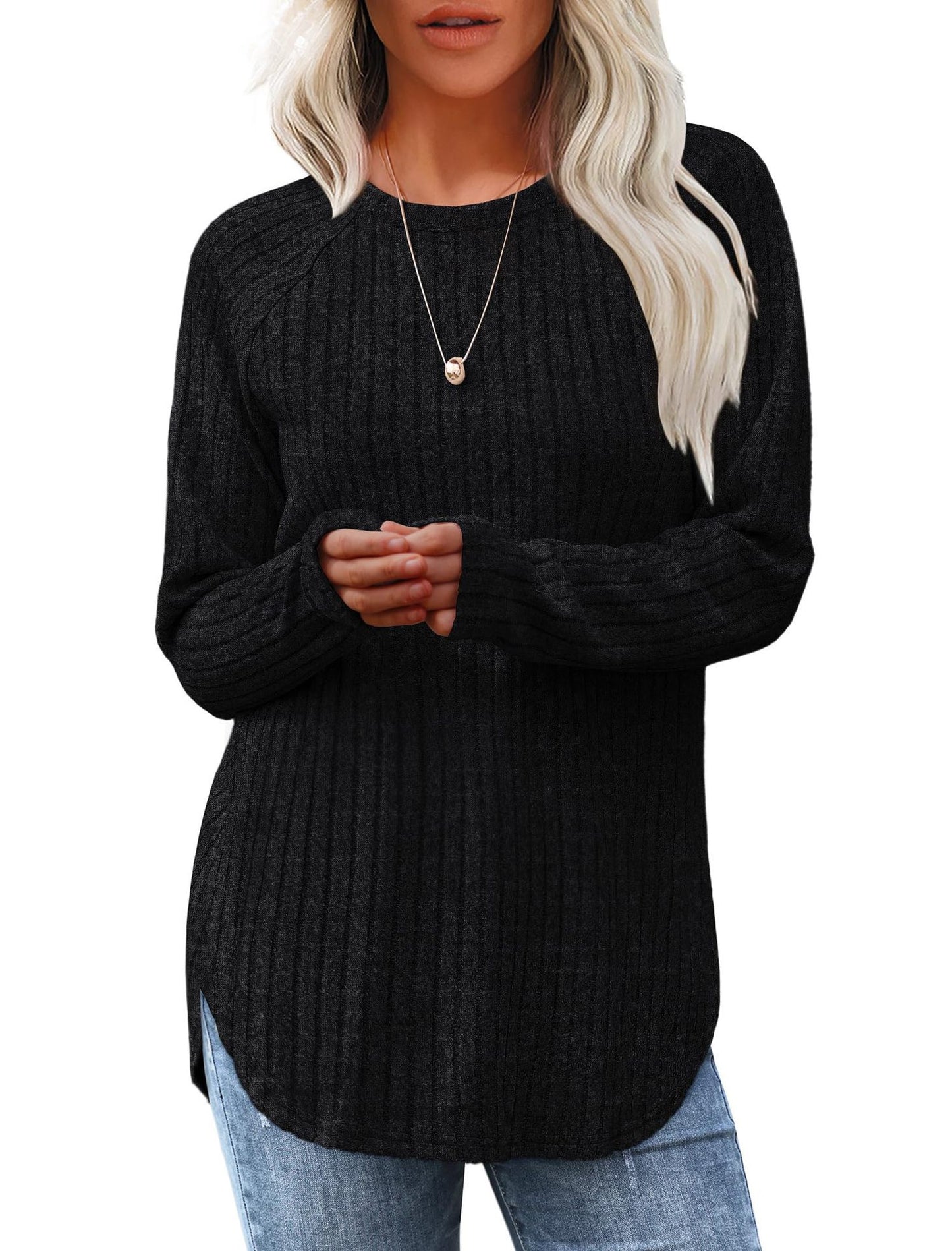 Women casual long sleeve sweater with textured rib design Ivyshape