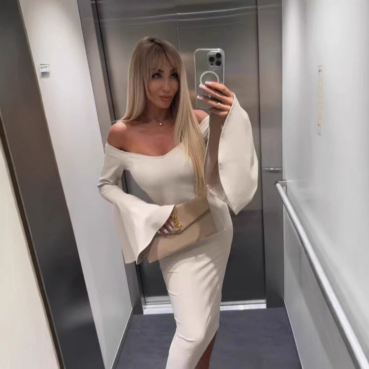 Ladies Elegant Long Sleeve Dress with Wide Sleeves and Slit Ivyshape