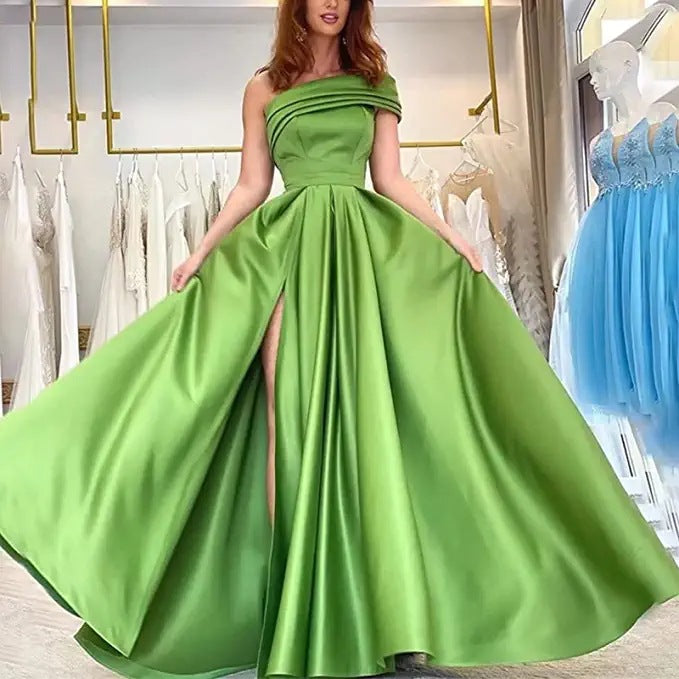 IvyShape | Sexy One-Shoulder Satin Green High-Slit Dress