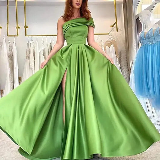 IvyShape | Sexy One-Shoulder Satin Green High-Slit Dress