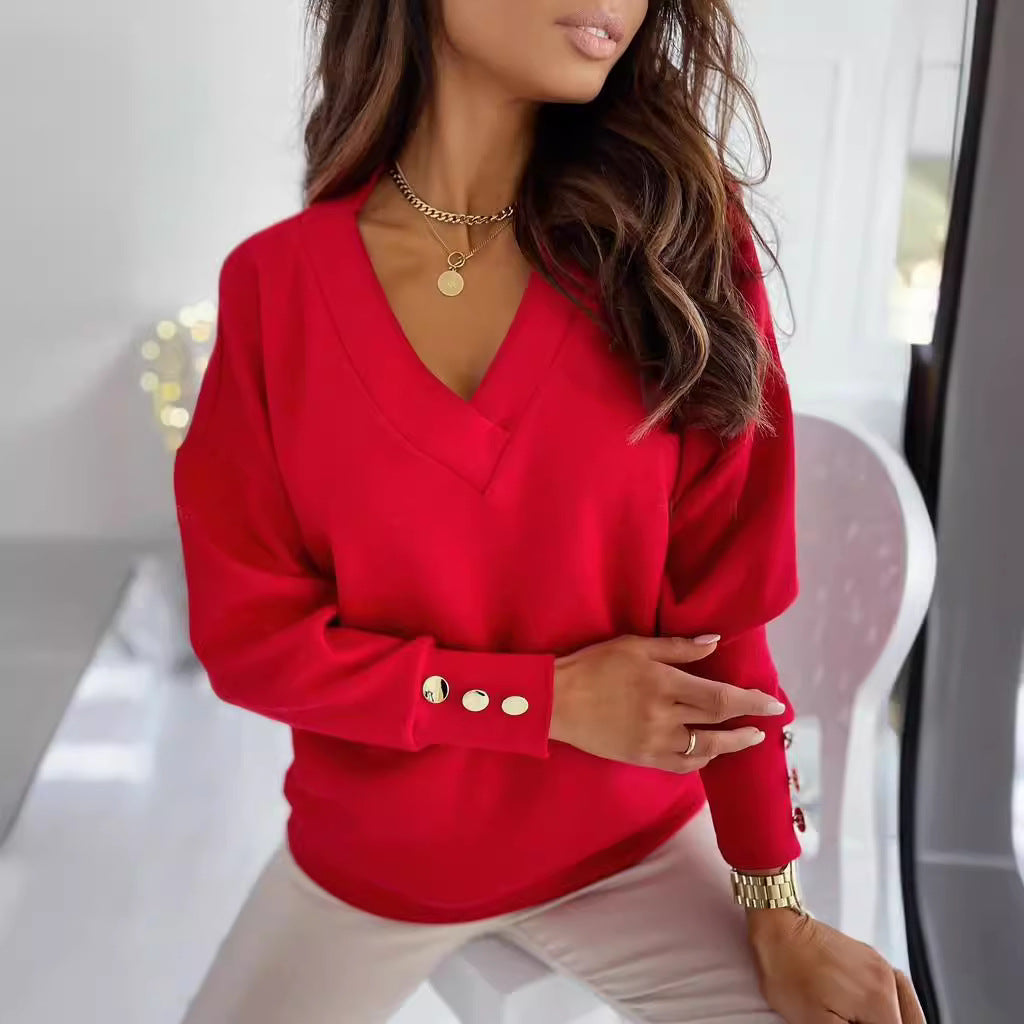 Women V-neck sweater with button details Ivyshape