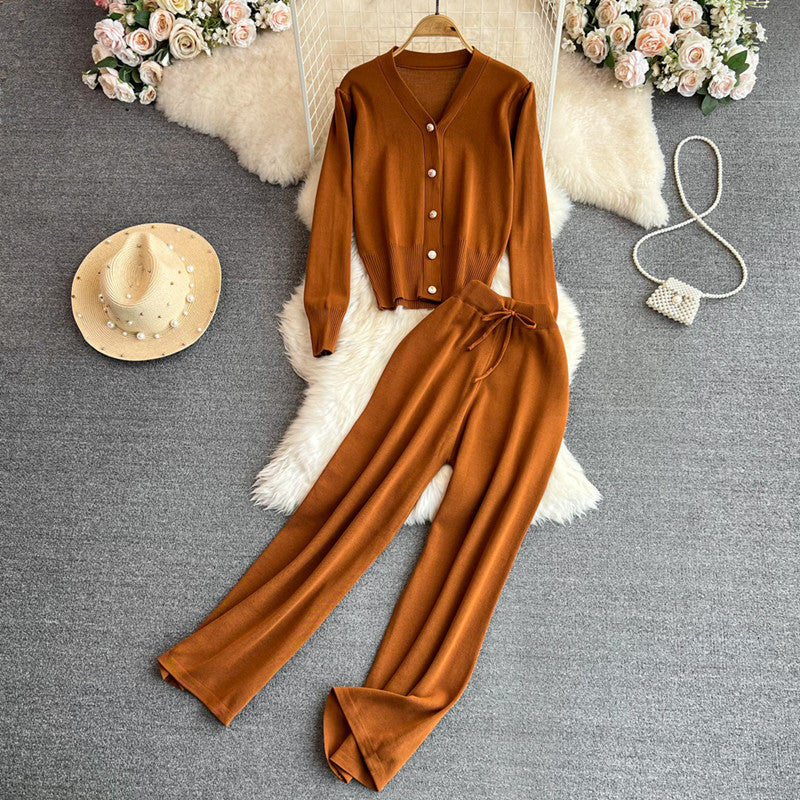 Women's knitted jumpsuit with wide leg and button placket Ivyshape