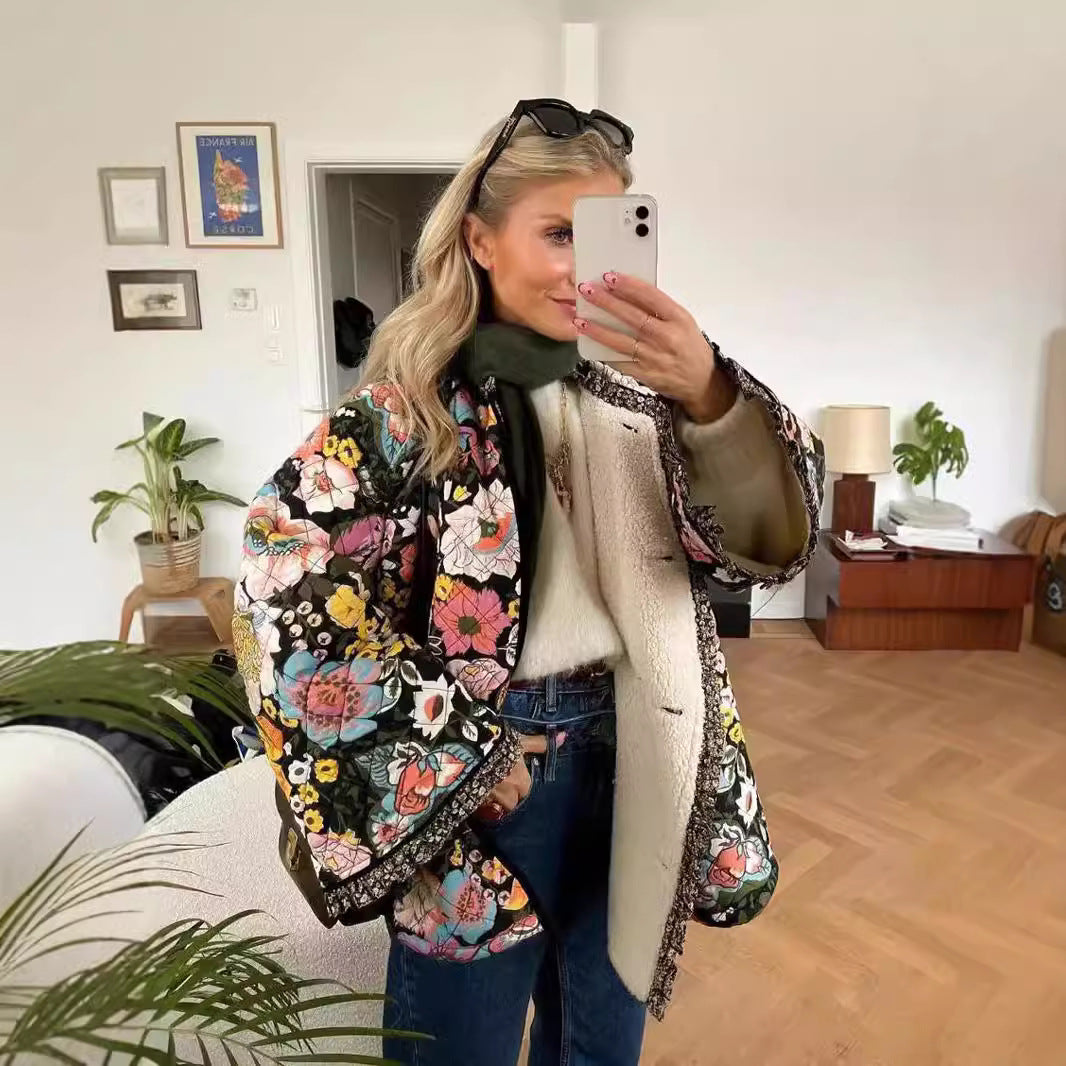 Women Floral Print Quilted Jacket Ivyshape