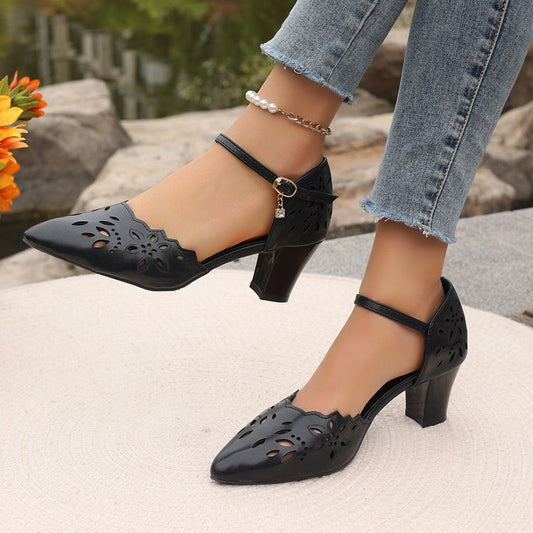 Women Elegant Pumps with Floral Cut-Out Design and Block Heel Ivyshape