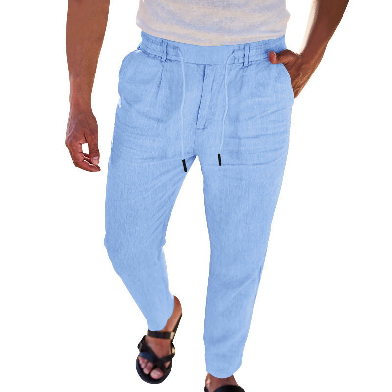 Men's casual linen trousers with elastic waistband and practical side pockets Ivyshape