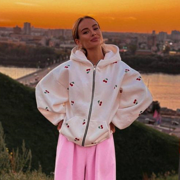 Women's hoodie with fresh cherry pattern and oversized fit Ivyshape