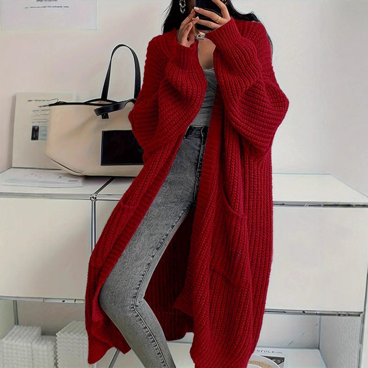 Women's Long Knit Cardigan with Side Pockets and Casual Cut Ivyshape