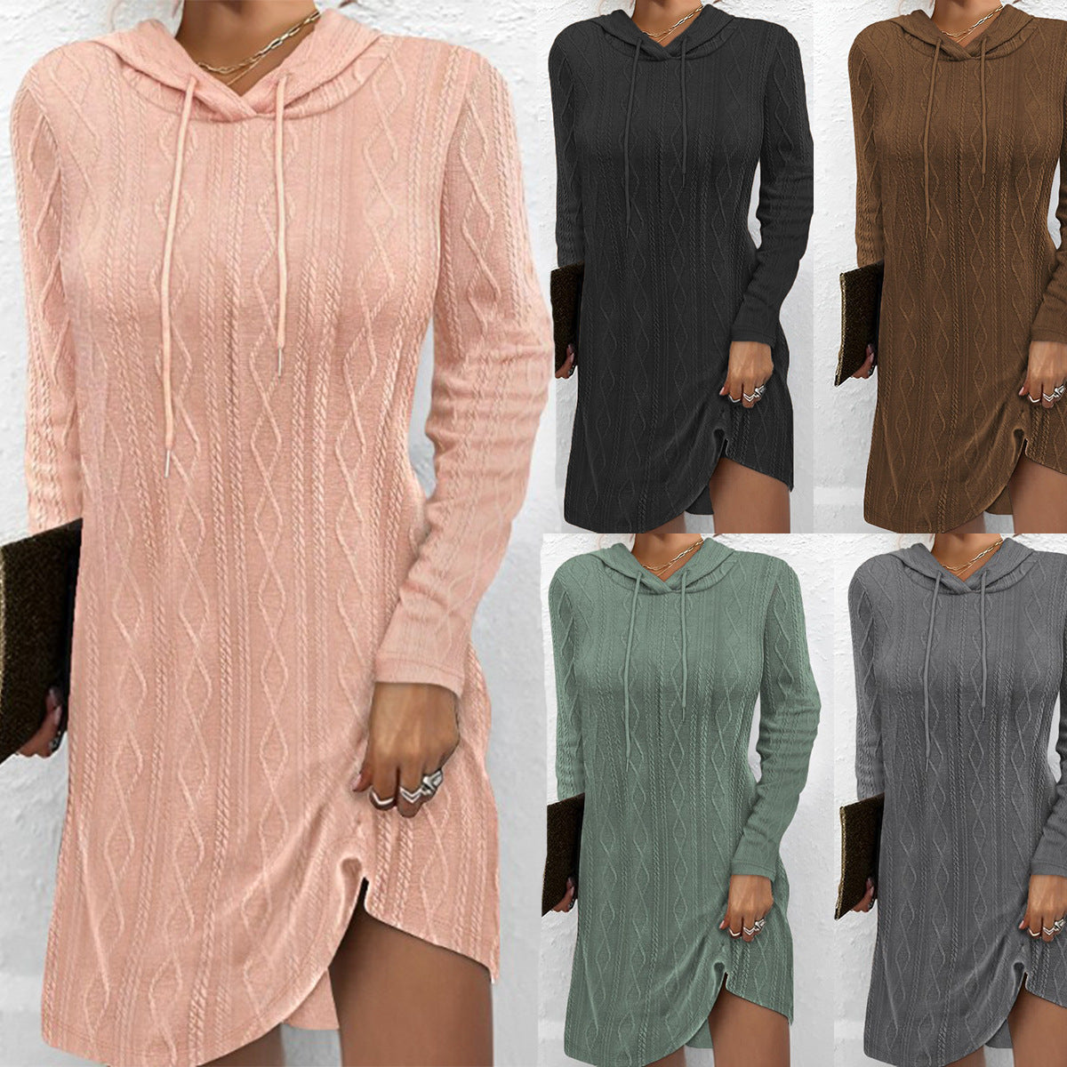 Women's Long Sleeve Dress with Hood and Textured Pattern Ivyshape