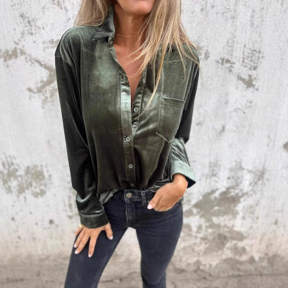 Women's Elegant Velvet Blouse with Classic Shirt Collar and Long Sleeves Ivyshape