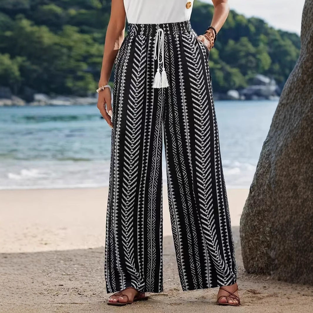 Women's wide palazzo pants with elastic waistband and fashionable pattern Ivyshape