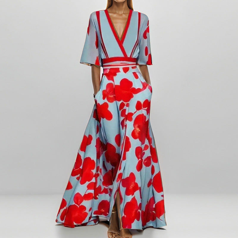 IvyShape | Elegant V-Neck Printed Tie Waist Flared Maxi Dress