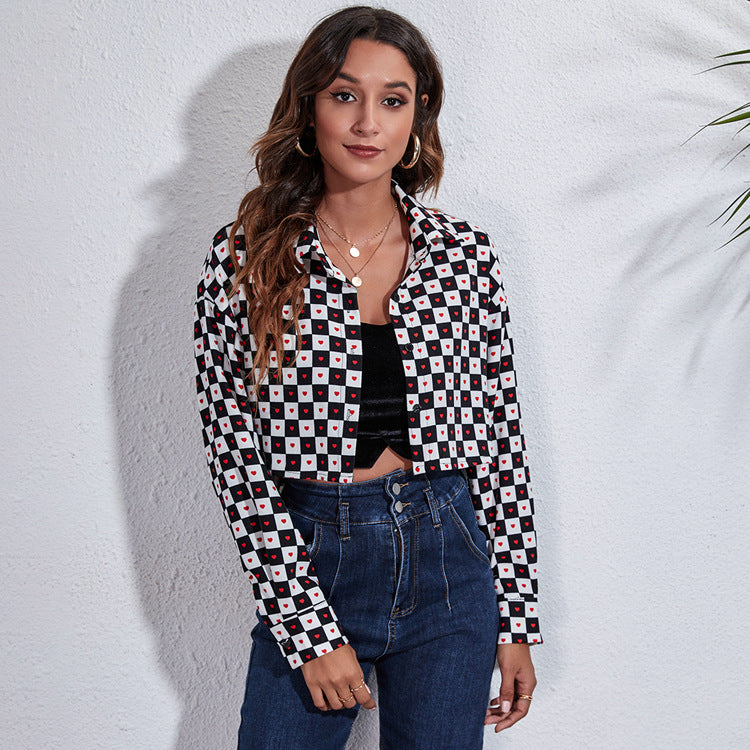 Ladies' Stylish Checkered Blouse with Hearts and Cropped Cut Ivyshape