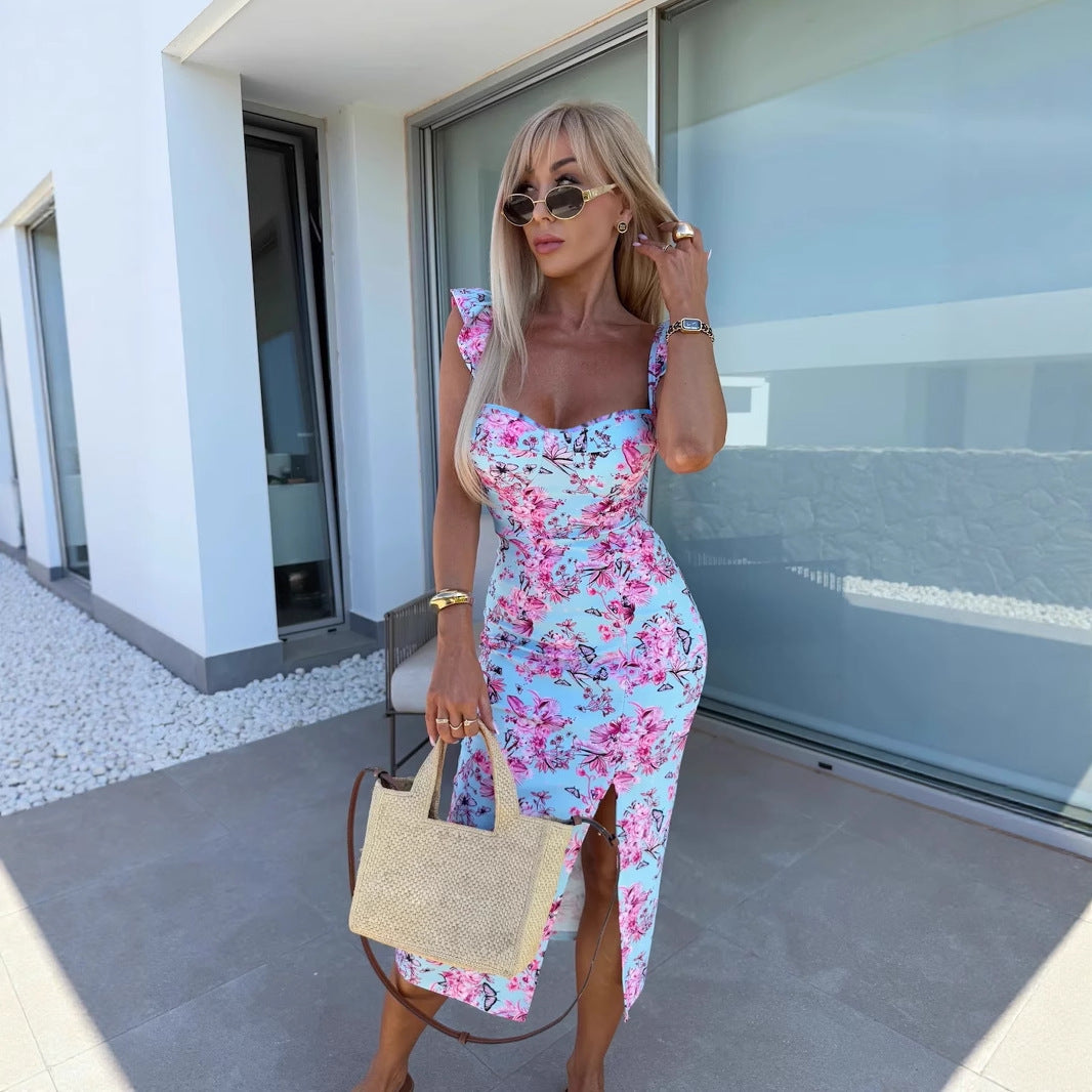 Ladies Floral Pattern Midi Dress with Side Slit Ivyshape