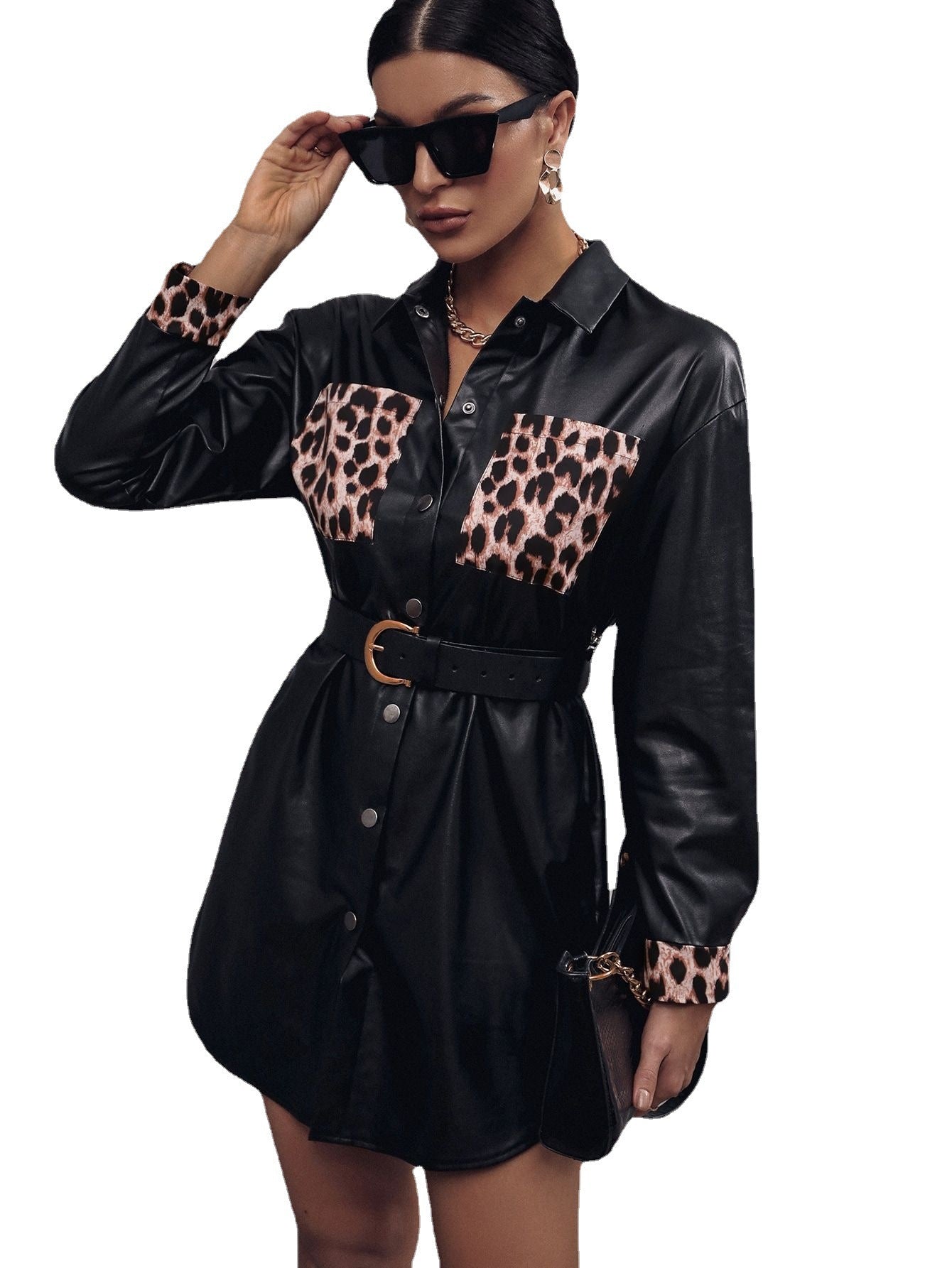 Women Faux Leather Shirt Dress with Animal Print and Adjustable Belt Ivyshape
