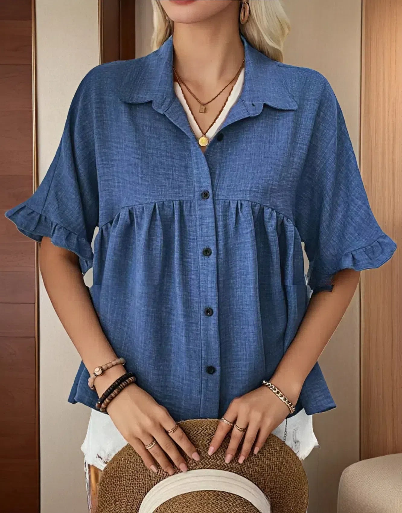 Women's Flowing Short Sleeve Blouse Shirt with Ruffle Details Ivyshape