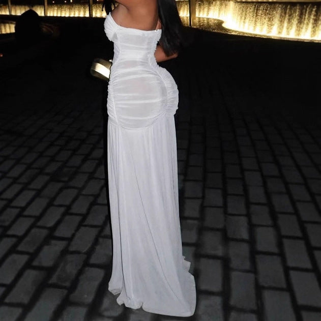 Women Elegant Strapless Maxi Dress with Ruffle Details and High Slit Ivyshape