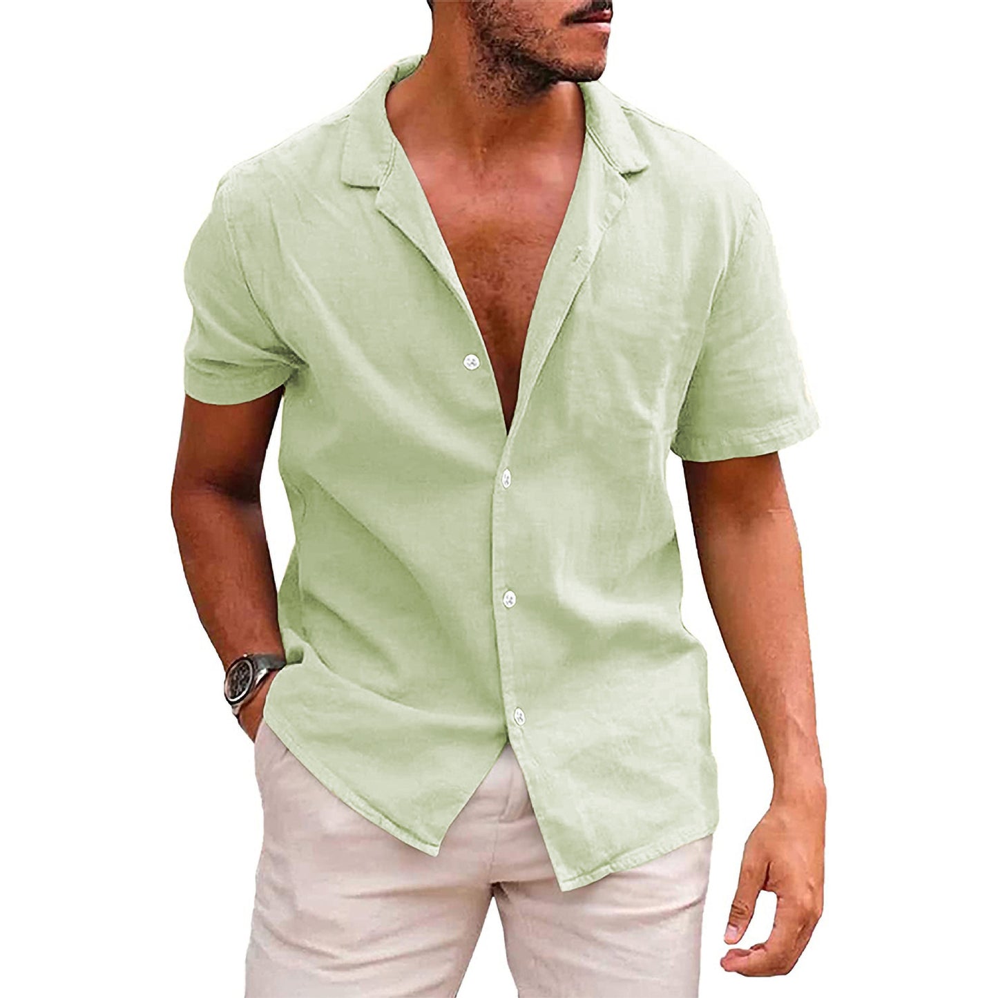 Men's short-sleeve shirt with soft linen blend and modern Henley neckline Ivyshape