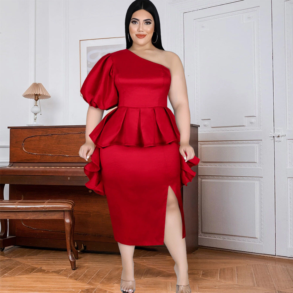 Women evening dress with asymmetric ruffle and flowing hem Ivyshape