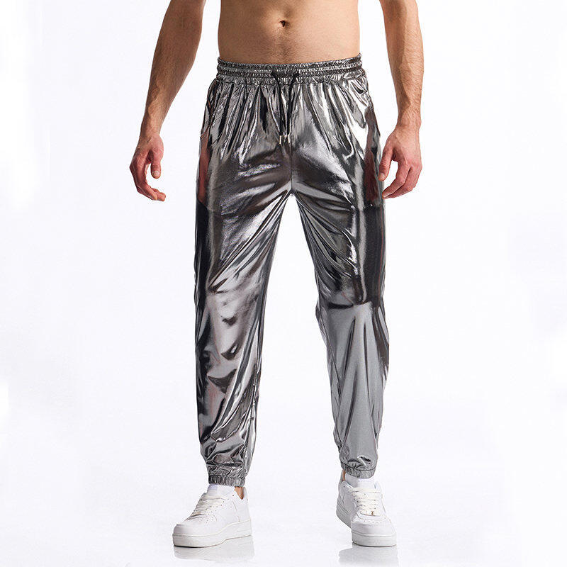 Men's fashionable sports pants with shiny surface and elastic waistband Ivyshape