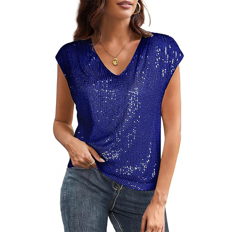 IvyShape | V-Neck Sequined Short Sleeve Shiny Party Vest