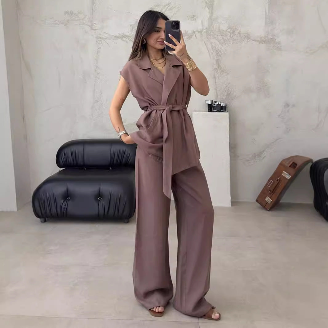 Women's tailored wrap top and wide leg pants set Ivyshape