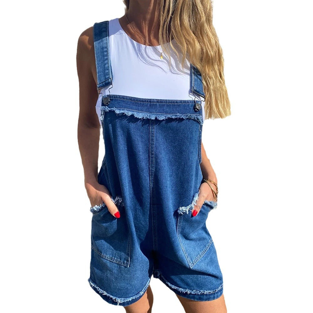 IvyShape | Washed Denim Adjustable Strap Jumpsuit Shorts Spring