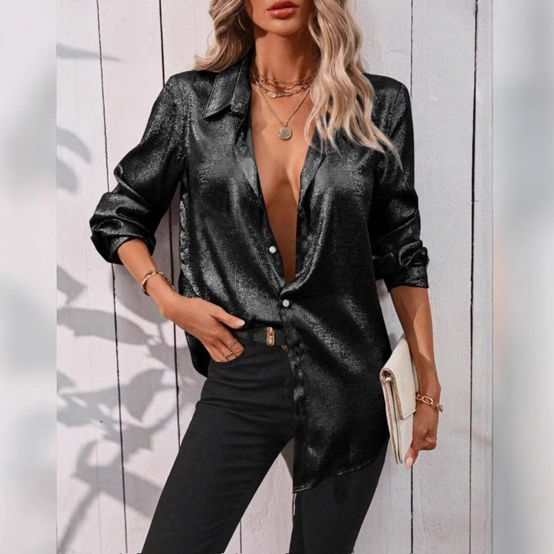 Women Elegant Silk Blouse with Shiny Surface Ivyshape
