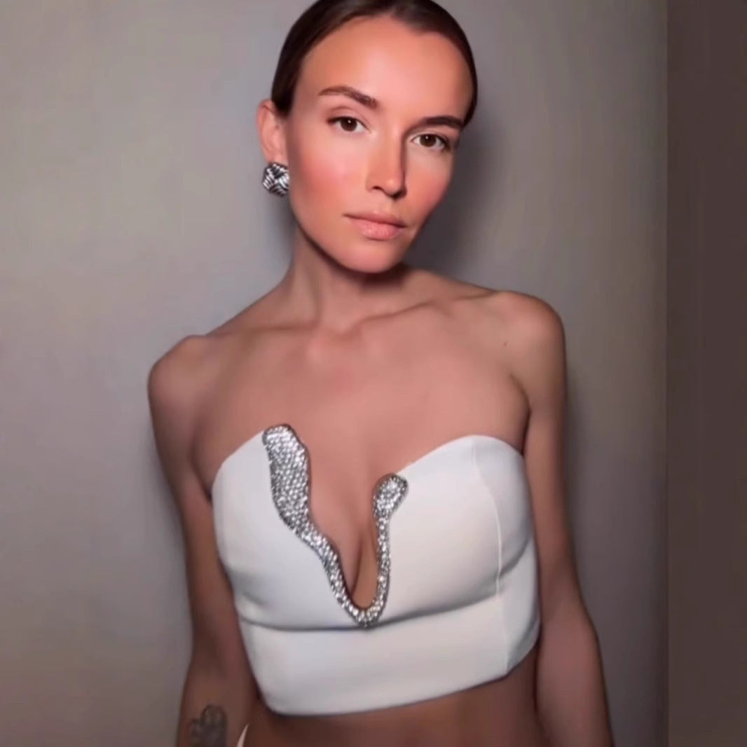 Women Figure-hugging Crop Top with Sparkling Neckline and Ivyshape Skirt