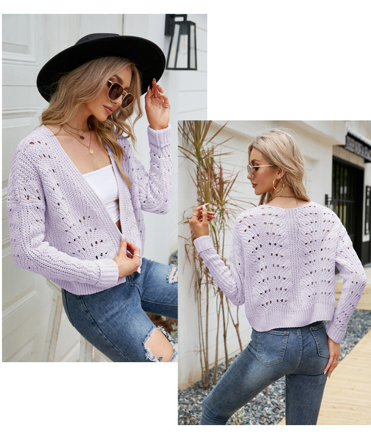 IvyShape | Solid Color Hollow Sweater Cardigan