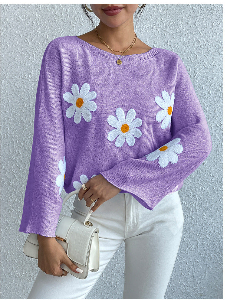 IvyShape | Floral Embroidery One-Shoulder Pullover Sweater