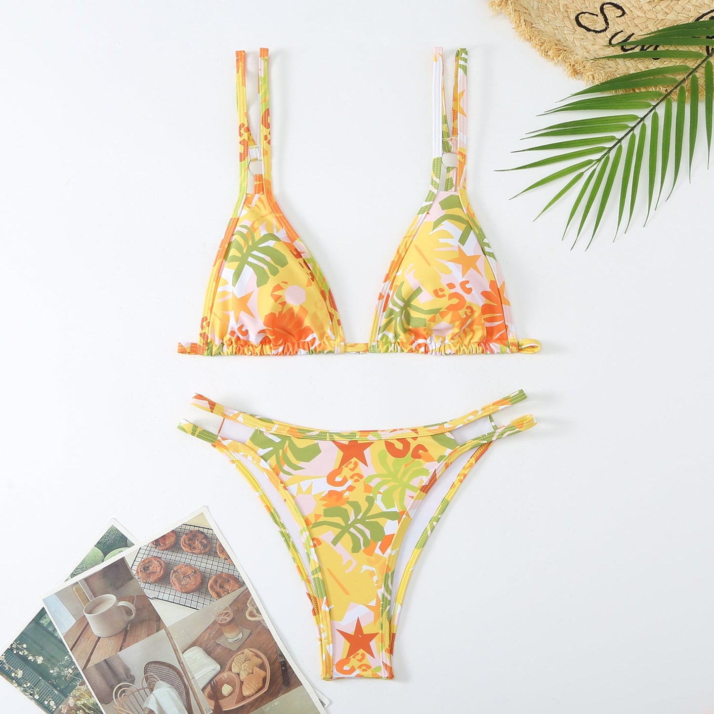 Ladies triangle bikini set with adjustable double straps and floral print Ivyshape