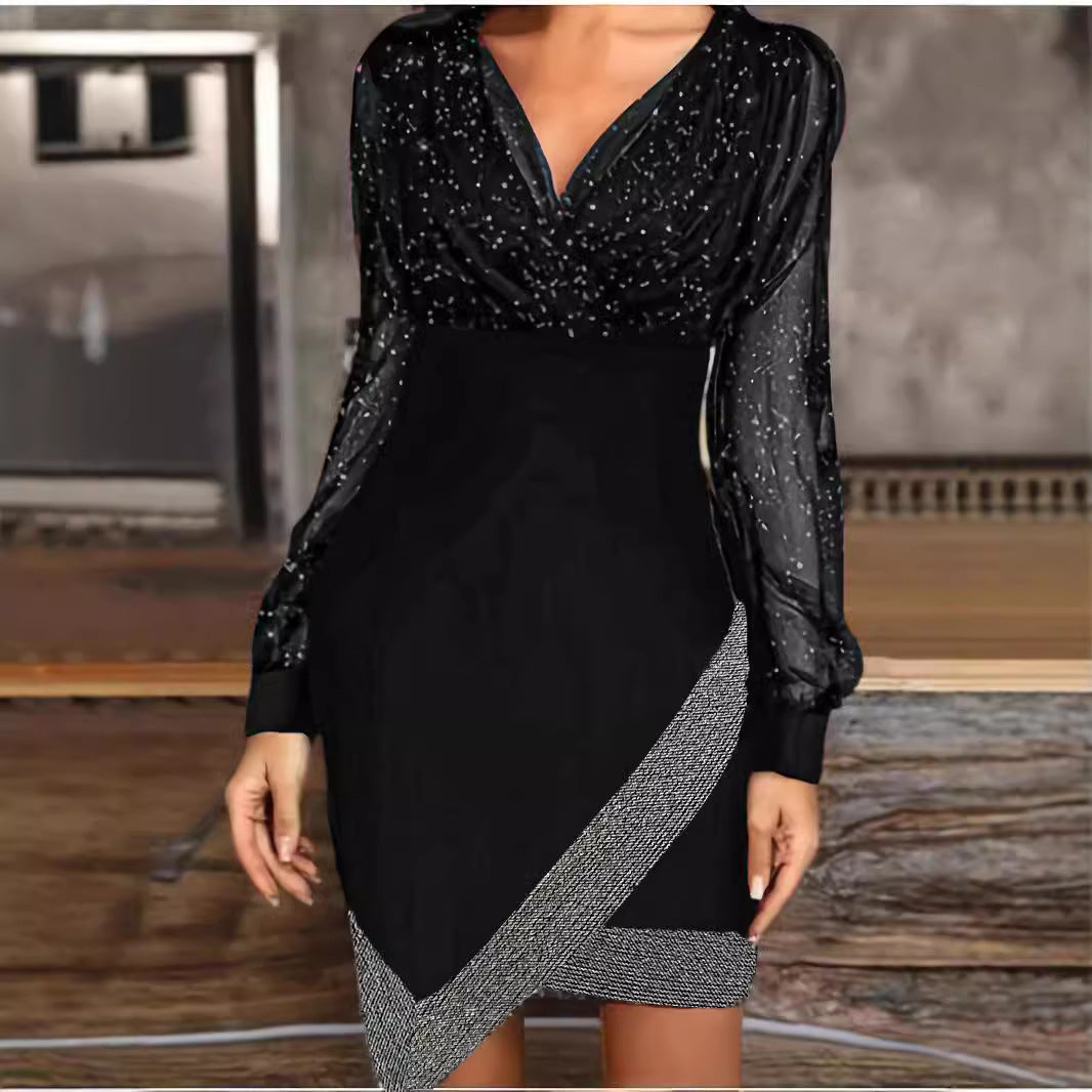 Ladies stylish wrap dress with glitter accents and transparent sleeve look Ivyshape
