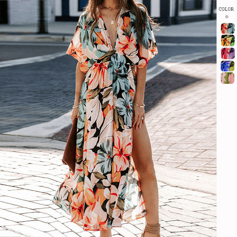 Women’s floral maxi dress with deep V-neck and side slits Ivyshape