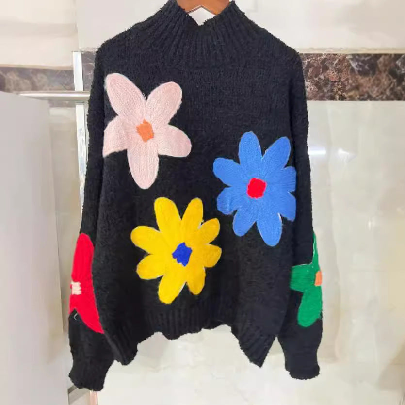 IvyShape | Vibrant Flower Embroidered Knit Pullover Sweater