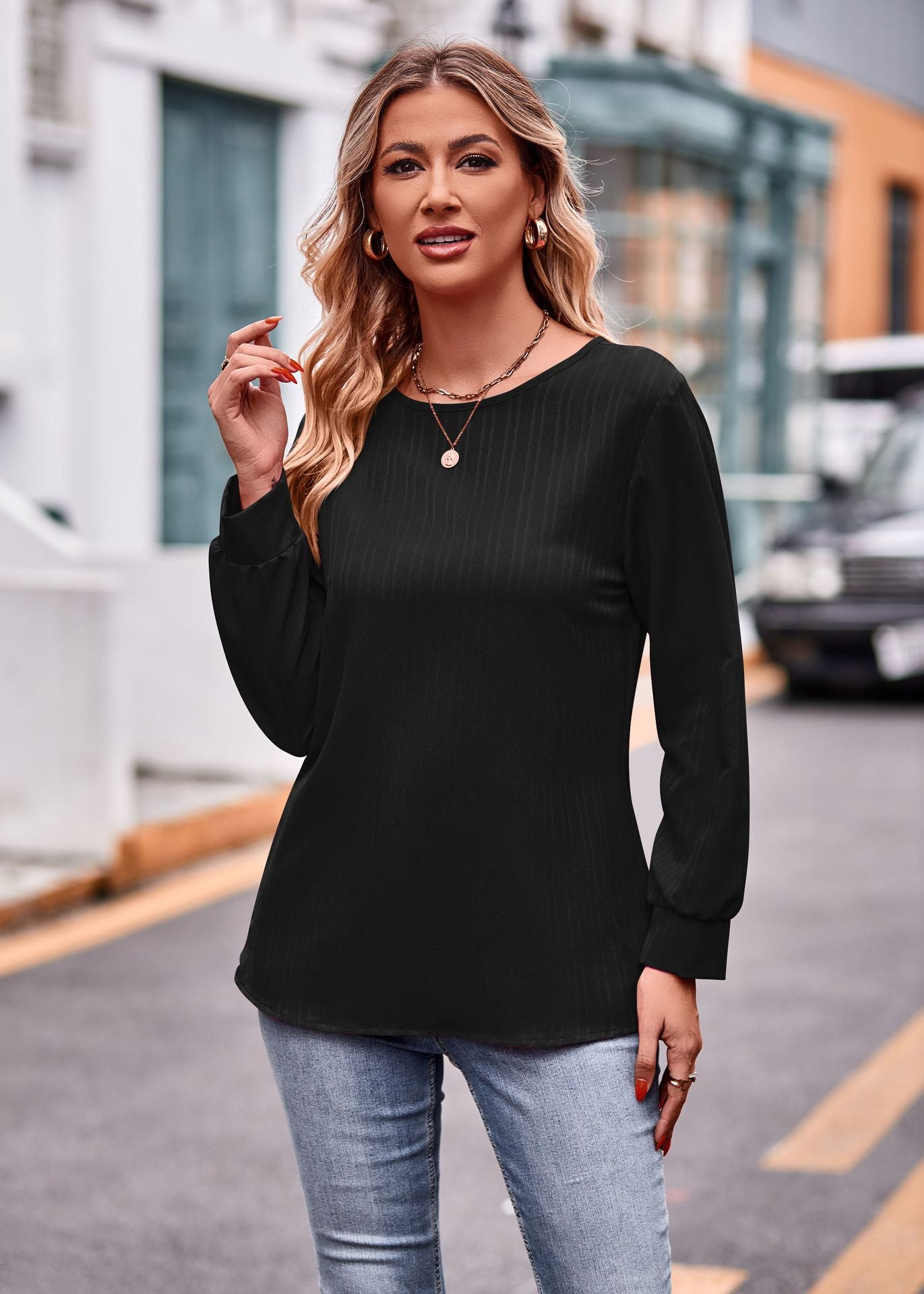 IvyShape | Solid Color Double Line Jacquard Long Sleeve Tee Top