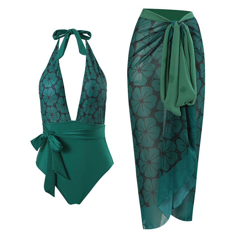 Ladies swimwear set with floral pattern and elegant overlay Ivyshape