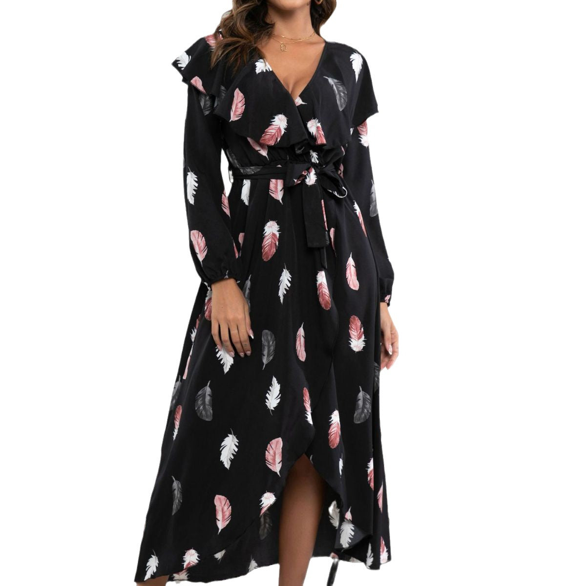 Women's maxi dress with ruffle details and stylish belt Ivyshape