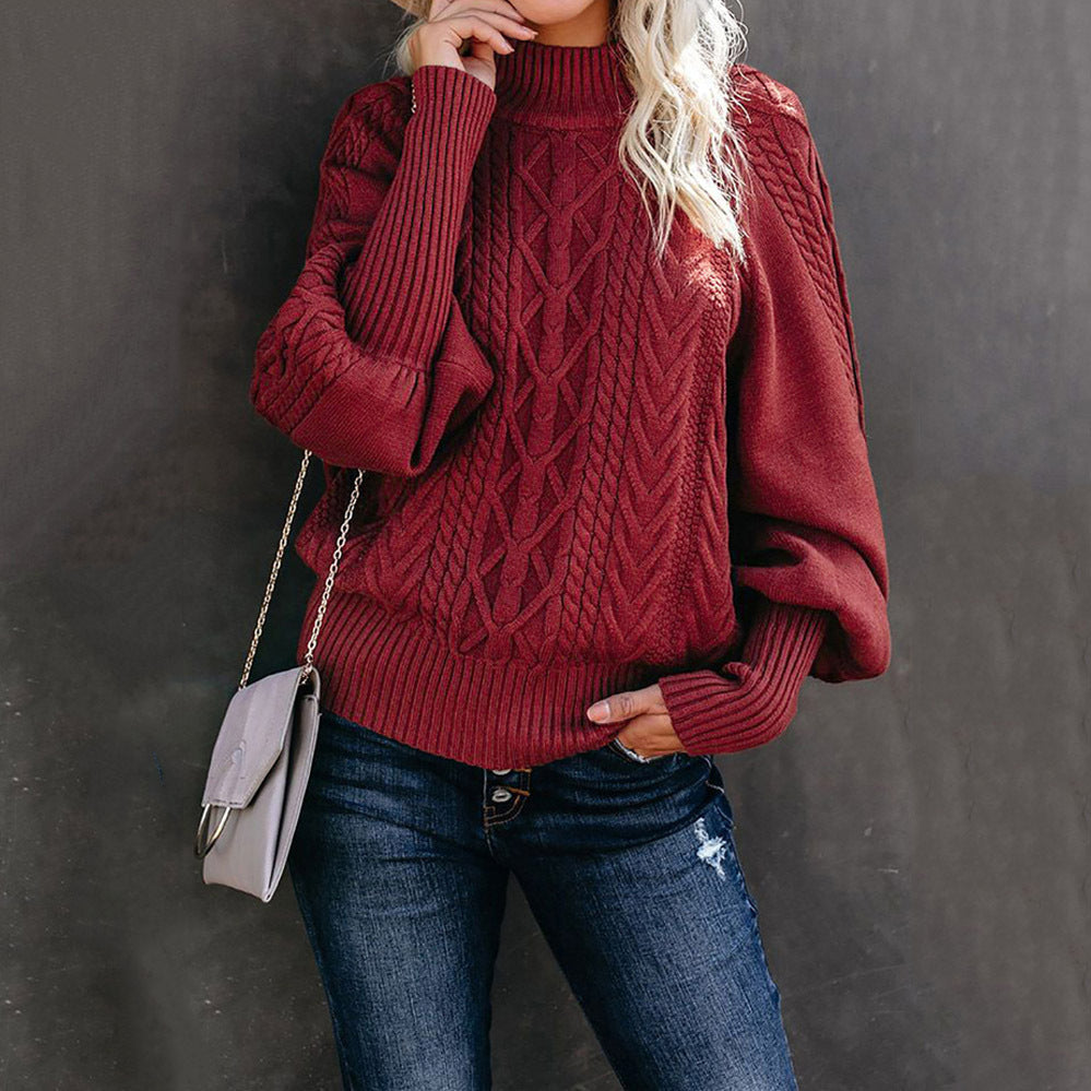 Ladies fashionable knitted sweater with high collar and voluminous sleeves Ivyshape