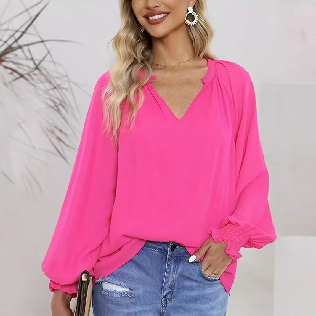 Women Elegant V-Neck Blouse with Puff Sleeves Ivyshape
