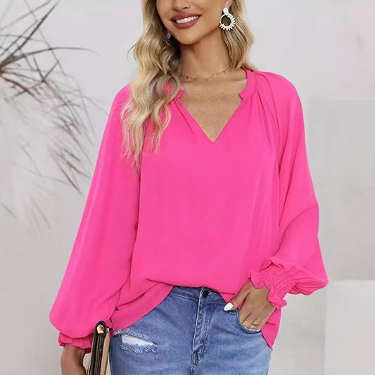 Women Elegant V-Neck Blouse with Puff Sleeves Ivyshape