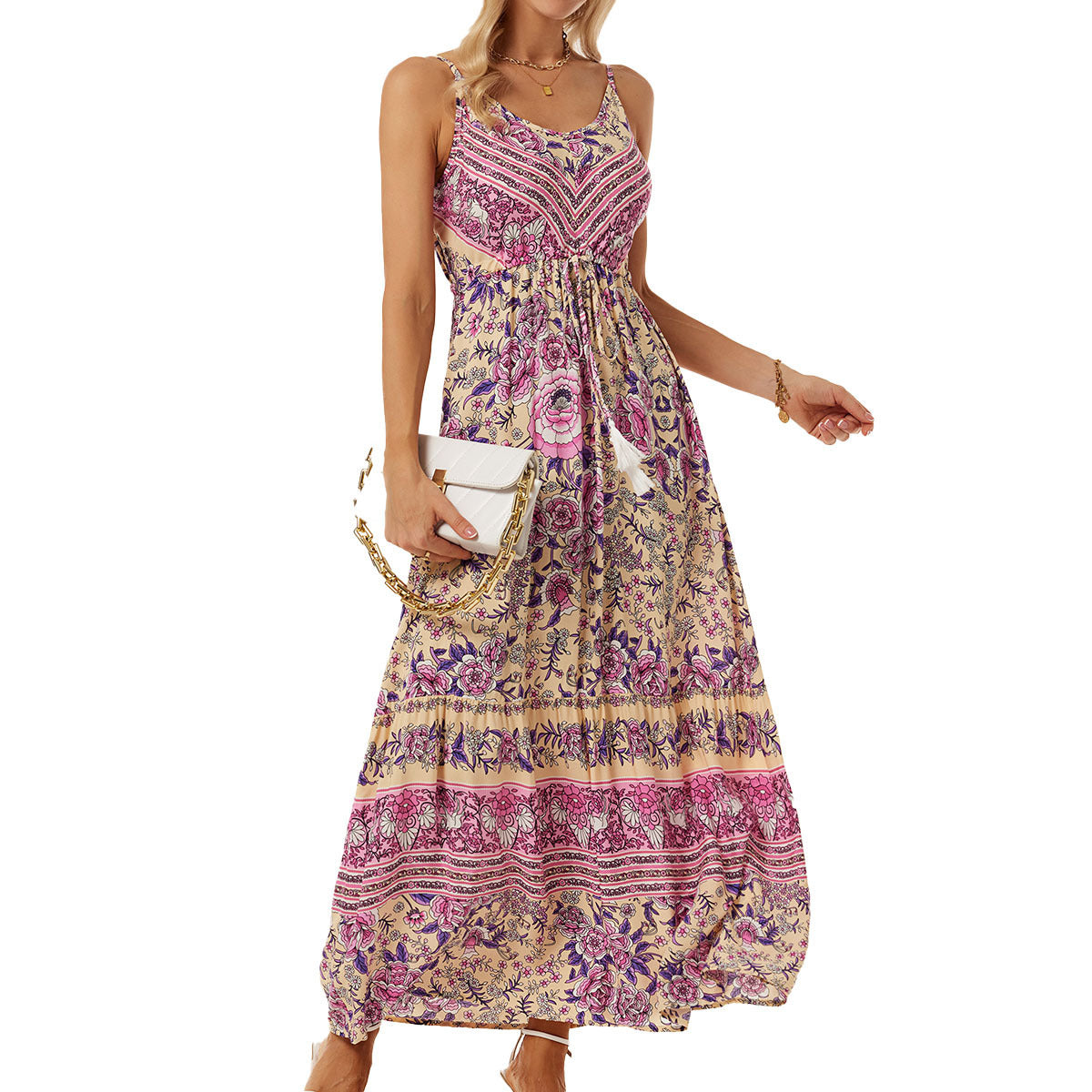 Women's Flower Bohemian Maxi Dress with Adjustable Strap Ivyshape