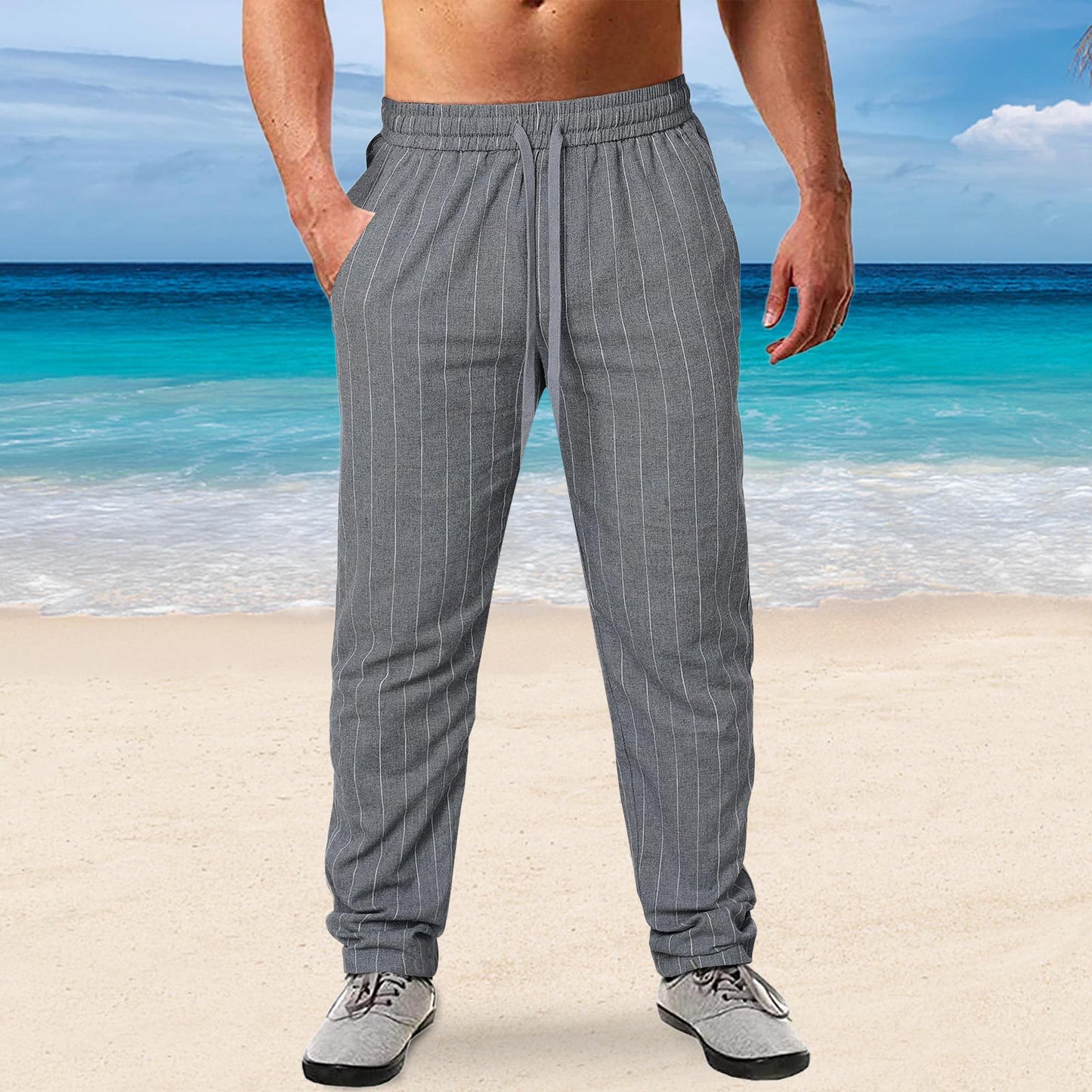 Men's casual striped pants made of cotton blend with elastic waistband and practical side pockets Ivyshape