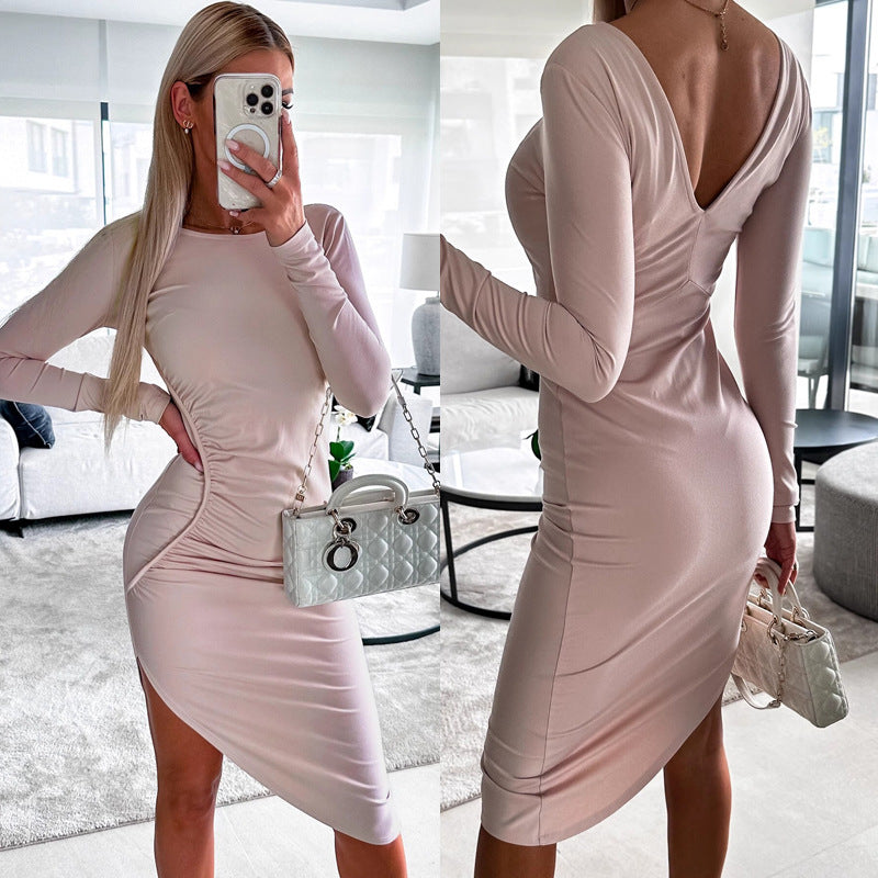 Women fitted long-sleeve dress with asymmetric cut and gathers Ivyshape