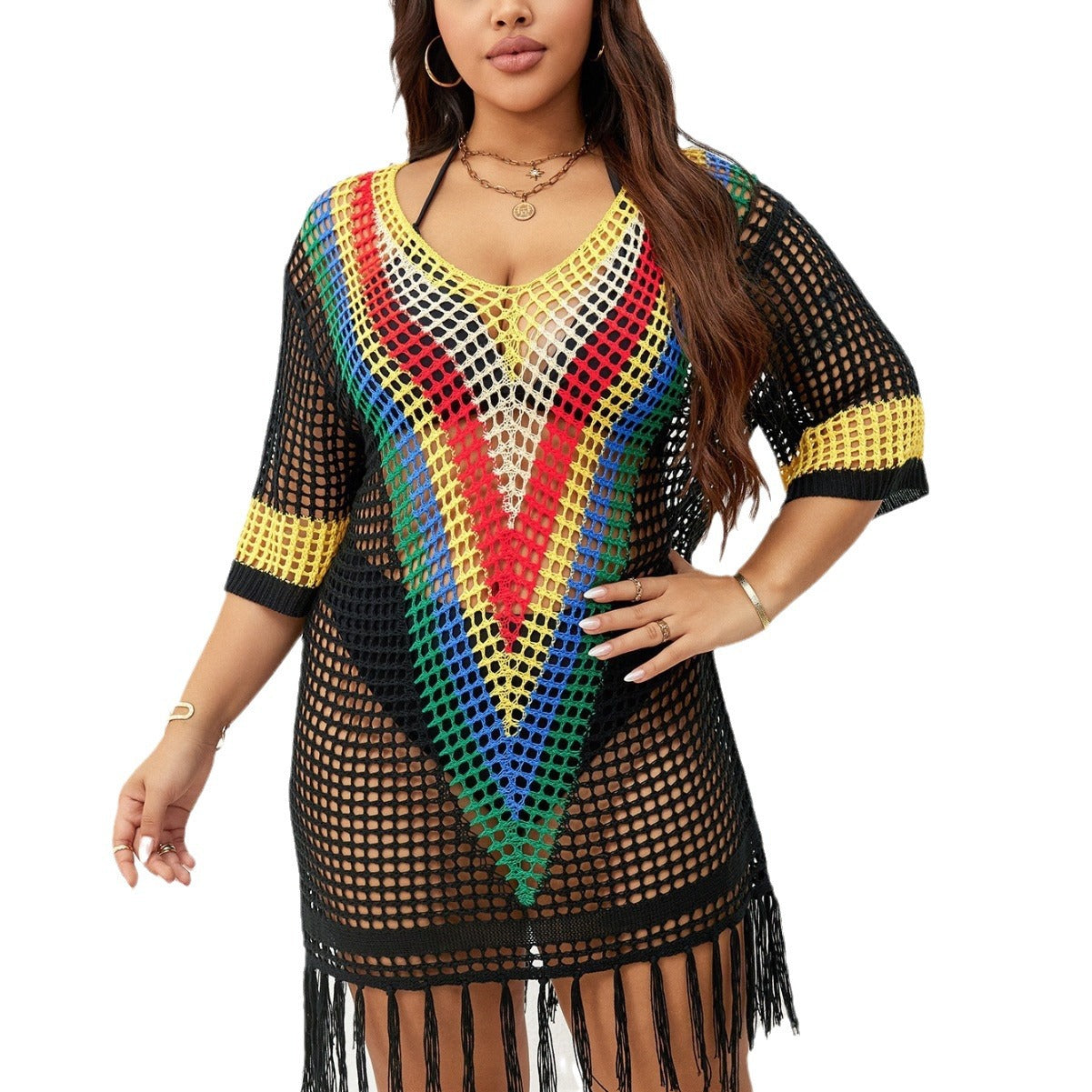Women's mesh beach tunic with colorful V-neck and fringes Ivyshape