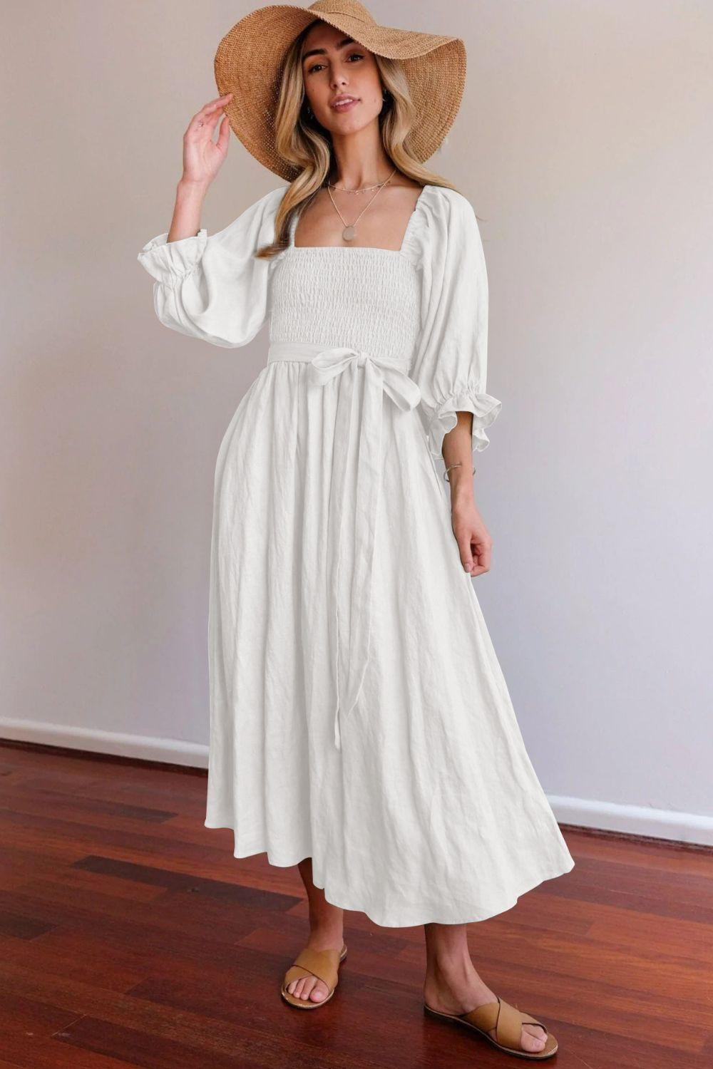 Women elegant, tailored maxi dress with puff sleeves and tie belt Ivyshape