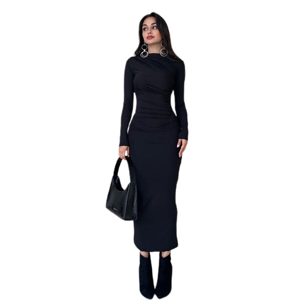 Ladies elegant long sleeve dress with shimmering gathering effects Ivyshape