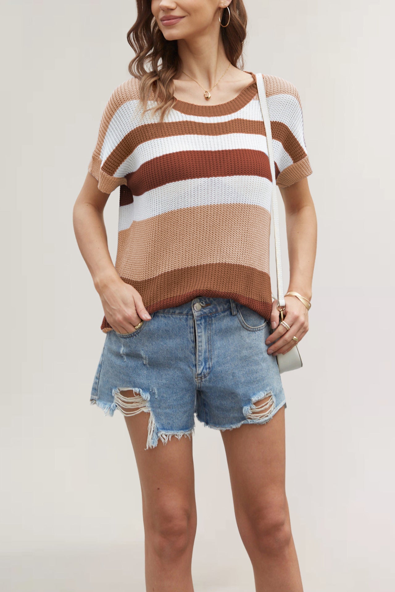 IvyShape | Spliced striped casual knit top